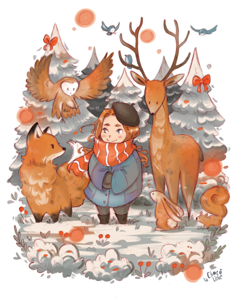 Illustration sur le thème de Noël avec des animaux de la forêt
