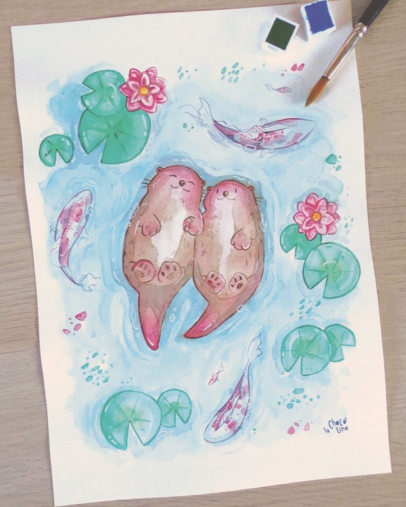 aquarelle loutre st valentin