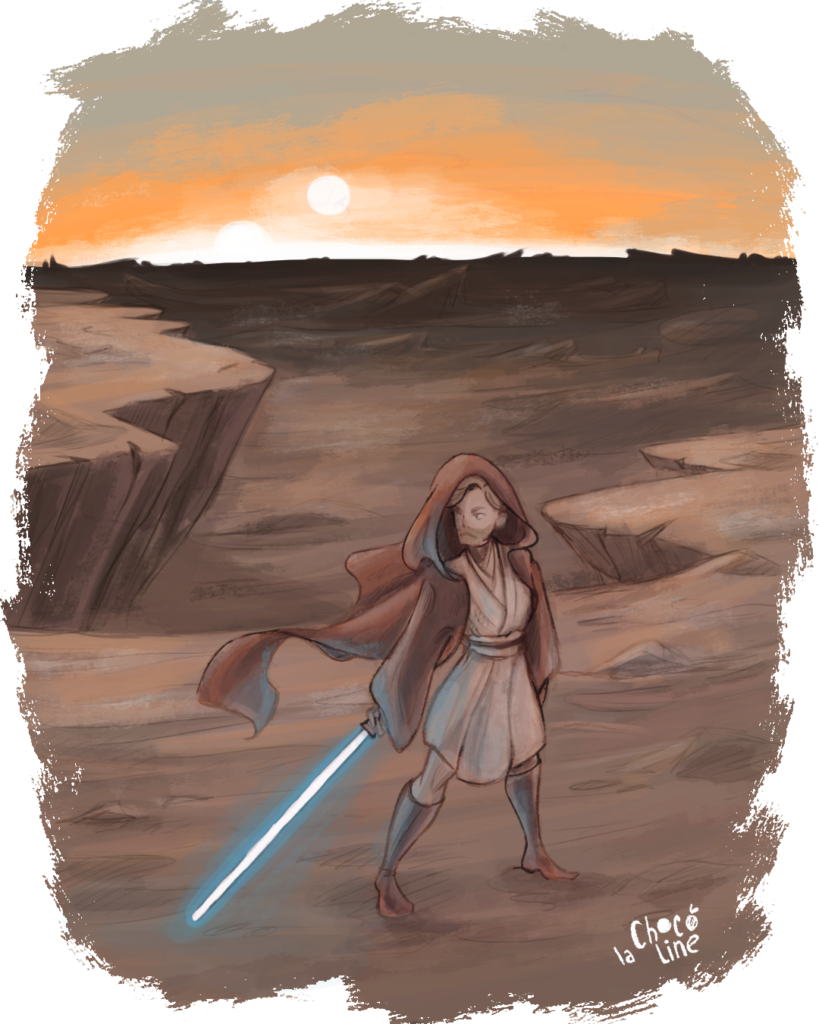 Obi-Wan Kenobi tournant le dos aux deux soleils couchant de Tatooine. Quelle classe.