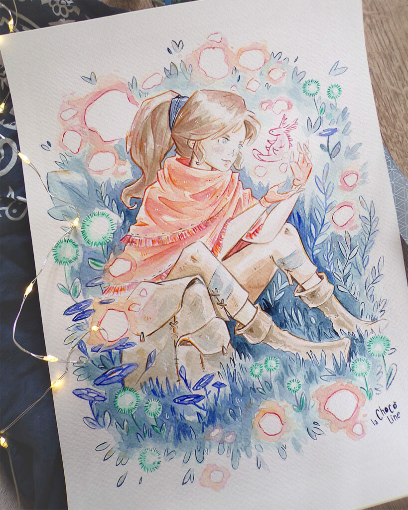 aquarelle jeune fille et axolotl