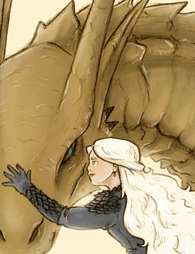 illustration de Rhaenyra Targaryen et de son dragon Syrax