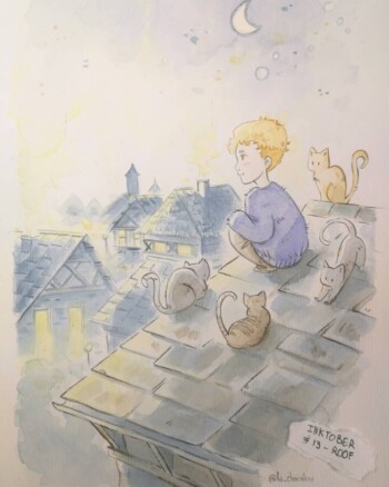 Aquarelle d'un garçon sur un toit avec des chats