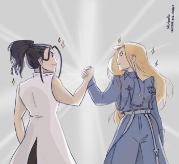 Illustration d'Izumi et Olivia de Fullmetal Alchemist se serrant la main